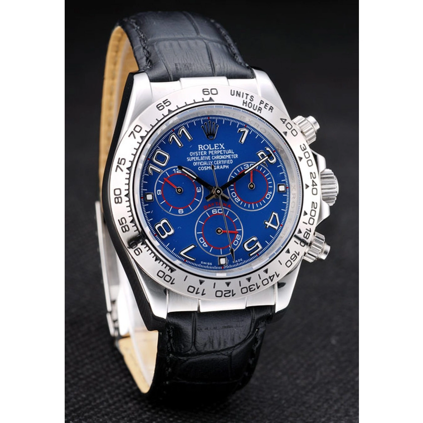 AAA Replica Watches Rolex Black Leather Strap Blue Steel Dial Stainless Case Daytona 0804
